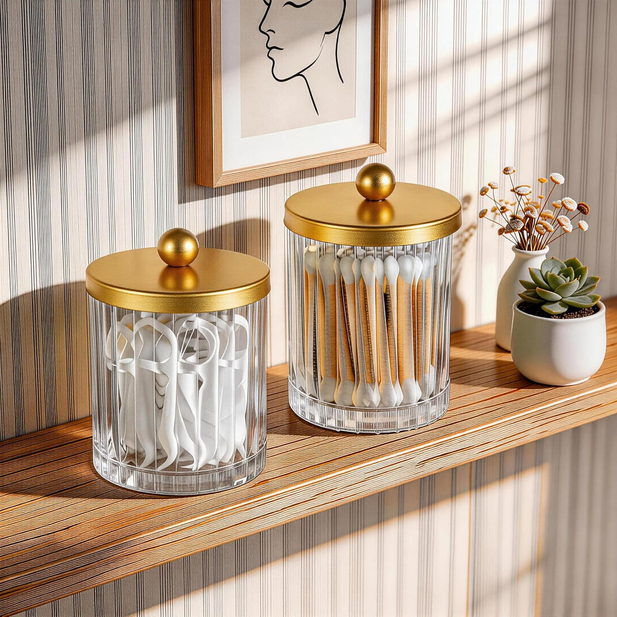 Amolliar Qtip Holder for Bathroom, Clear Glass Apothecary Jars(Gold 4 Pack)
