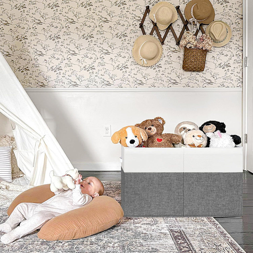 INDRESSME 85L Large Toy Storage Box with Lid & Dividers, Grey & White