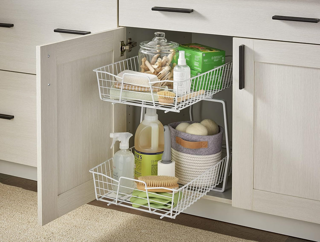 ClosetMaid 14 in. Pull Out Cabinet Organizer, 2 Tier, Heavy Duty, Slide Out Pantry Shelves Drawers for Kitchen, Bathroom, White