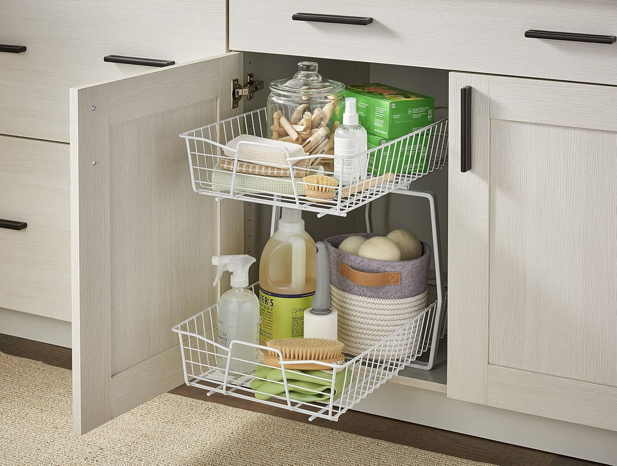 ClosetMaid 14 in. Pull Out Cabinet Organizer, 2 Tier, Heavy Duty, Slide Out Pantry Shelves Drawers for Kitchen, Bathroom, White
