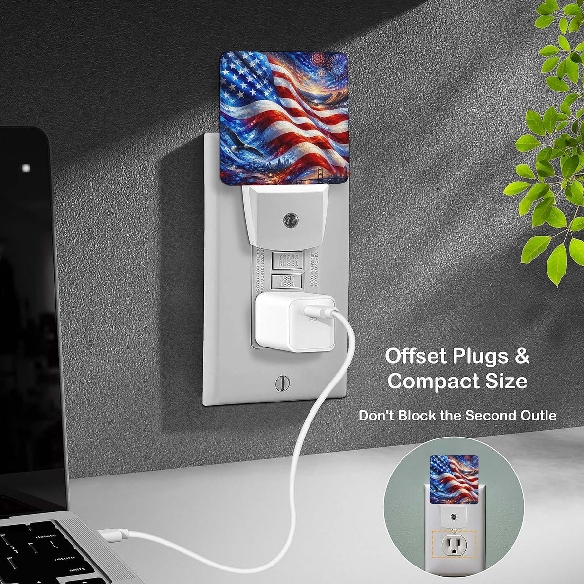 LED Night Light Lamp with Smart Sensor Dusk to Dawn Sensor,Dynamic Flowing Style Patriotic American Flag Red White and Blue Colors Blend Overlap Night Light Daylight White,0.5W Plug-into Wall