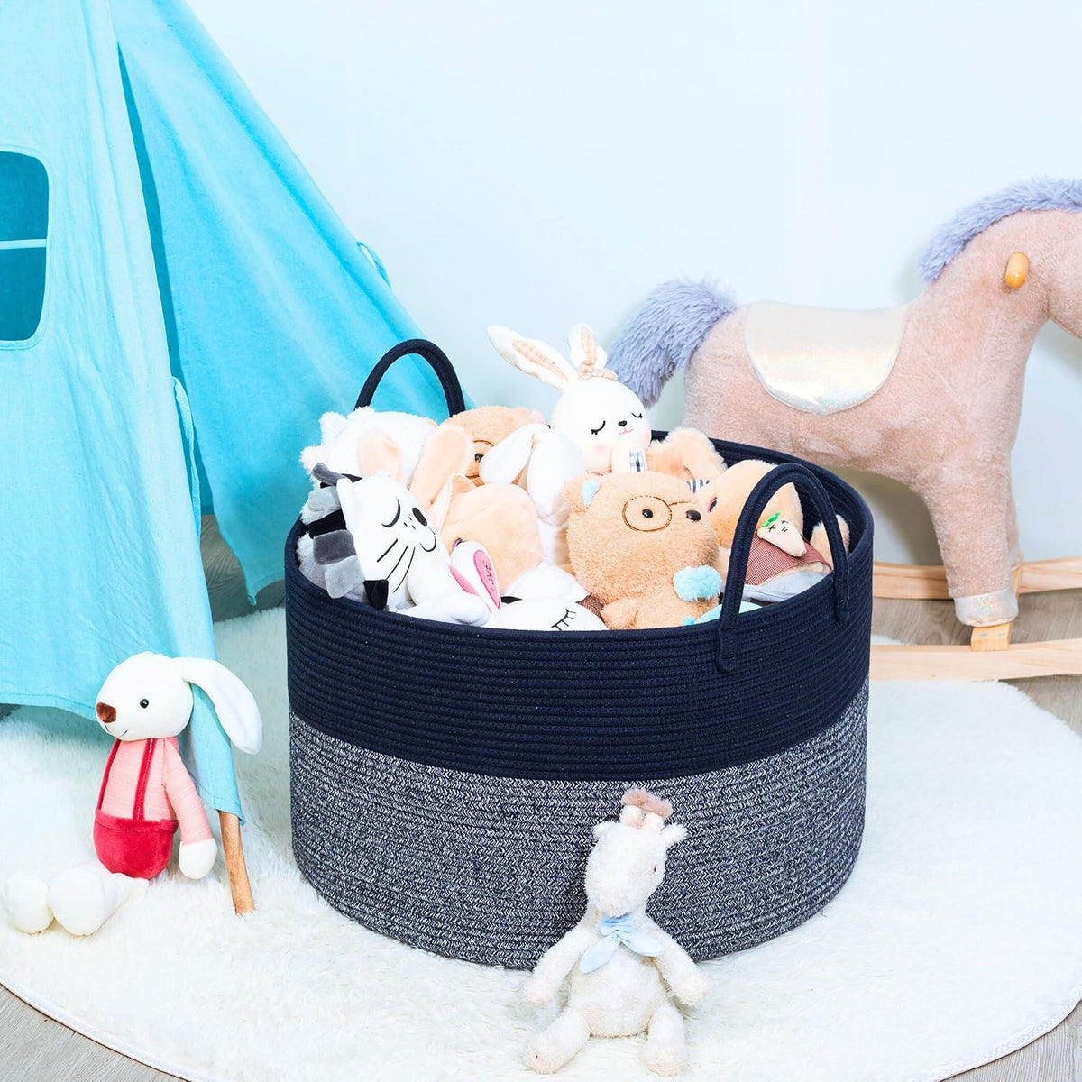 MINTWOOD Design Extra Large 22 x 14in Decorative Woven Cotton Rope Blanket Storage Basket Bin Living Room with Long Handles, Laundry Hamper for Pillows, Pool Towels, Dog Toys, Shoes, Navy Blue