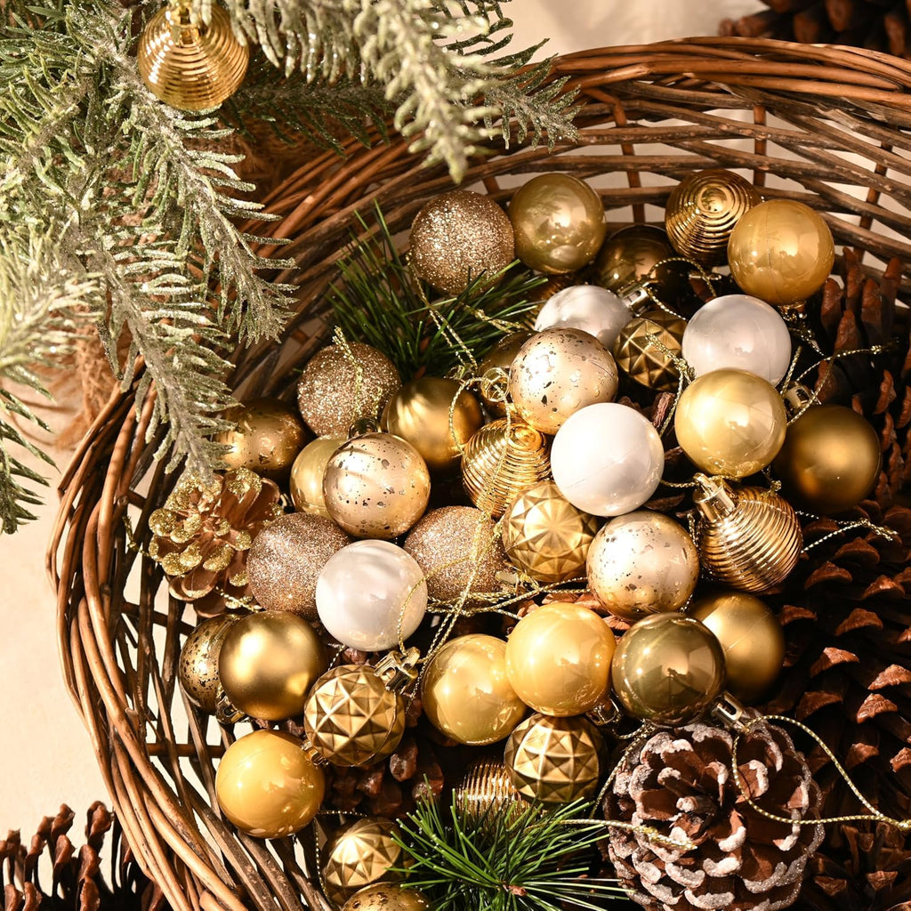 DecorbyHannah 45ct Mini Christmas Ornaments Set Tree Decorations Gold White