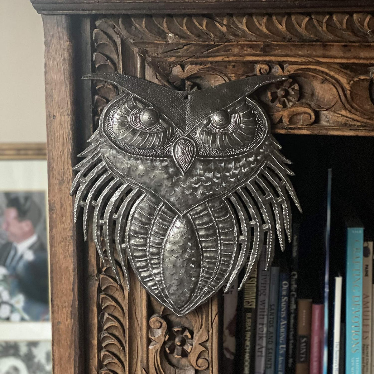 It's Cactus New Owl Metal Wall Art, Handmade in Haiti, Indoor Outdoor Garden Decorations, Upcycled Wall Hanging Artwork, Haitian Décor, 11 x 10.75 Inches