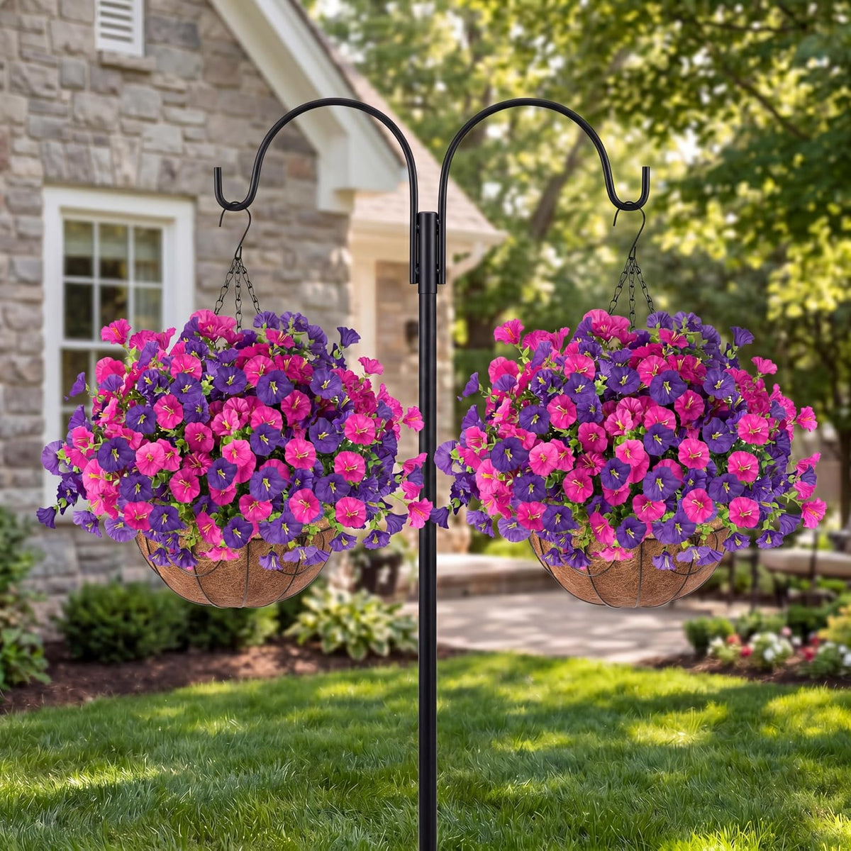 Artificial Flowers for Outdoors with Baskets Hanging Plant Faux Flowers UV Resistant Fake Silk Morning Glory with Eucalyptus for Planter Porch Garden Home Spring Summer Decoration(Fuchsia Purple)