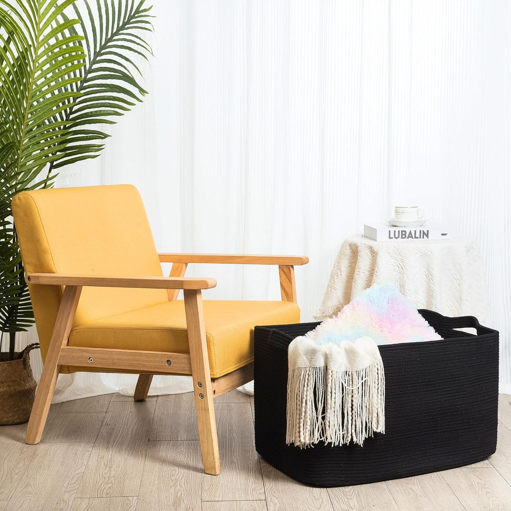 MINTWOOD Design 22in Extra Large Blanket Basket Holder Living Room, Rectangle Rope Woven Storage Basket with Handles for Laundry, Pool Towels, and Shoes, Dog Toy Organizer Bin Box, Full Black