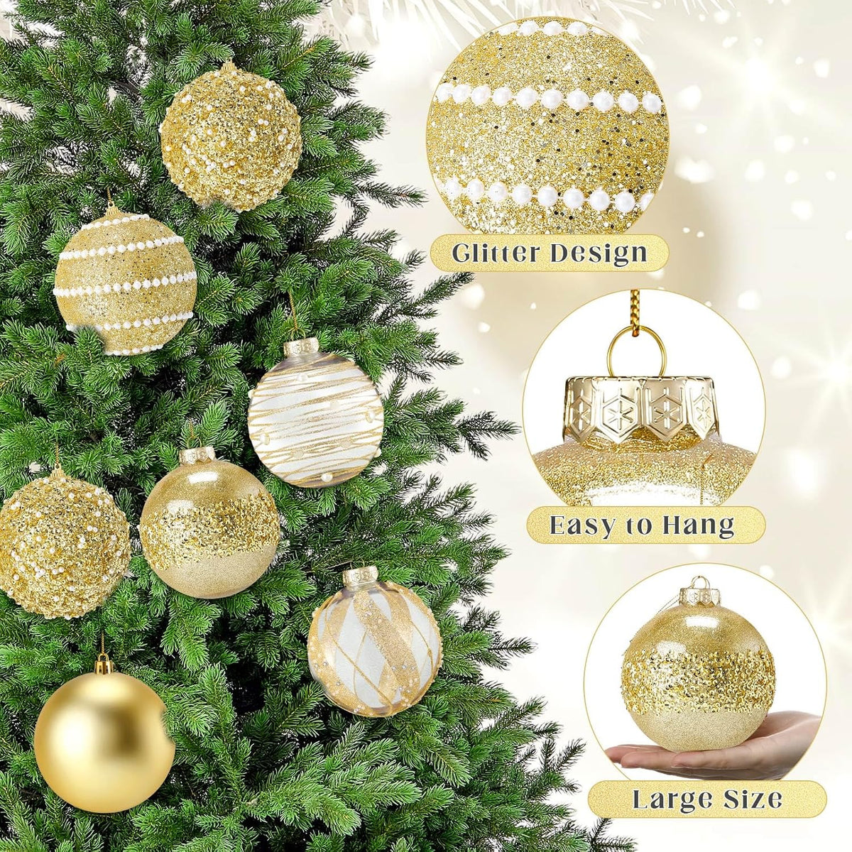 Lyrow 12 Pcs Christmas Balls Ornaments, Gold, 3.15''