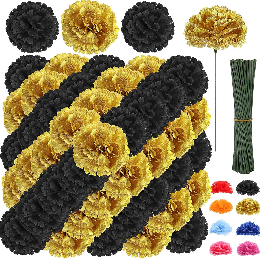 LELEE 108pcs Carnation Artificial Flowers Bulk, 3.5" Black Gold Carnations