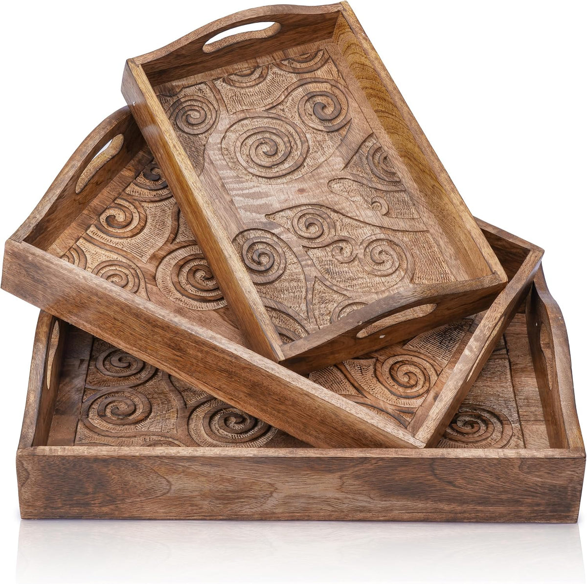 Ajuny Wooden Serving Trays Set of 3 with Handles, Tree of Life Carved Trays