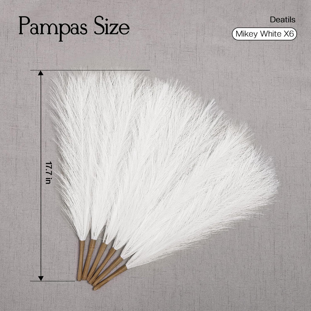 Ureymx Faux Pampas Grass Decor 17.7 Inch 6pcs, Artificial Pampas Grass Fluffy Home Decor, Short Vase Room Decor pompous Grass Flower Arrangement for Boho Home Wedding Decoration (Milky White)