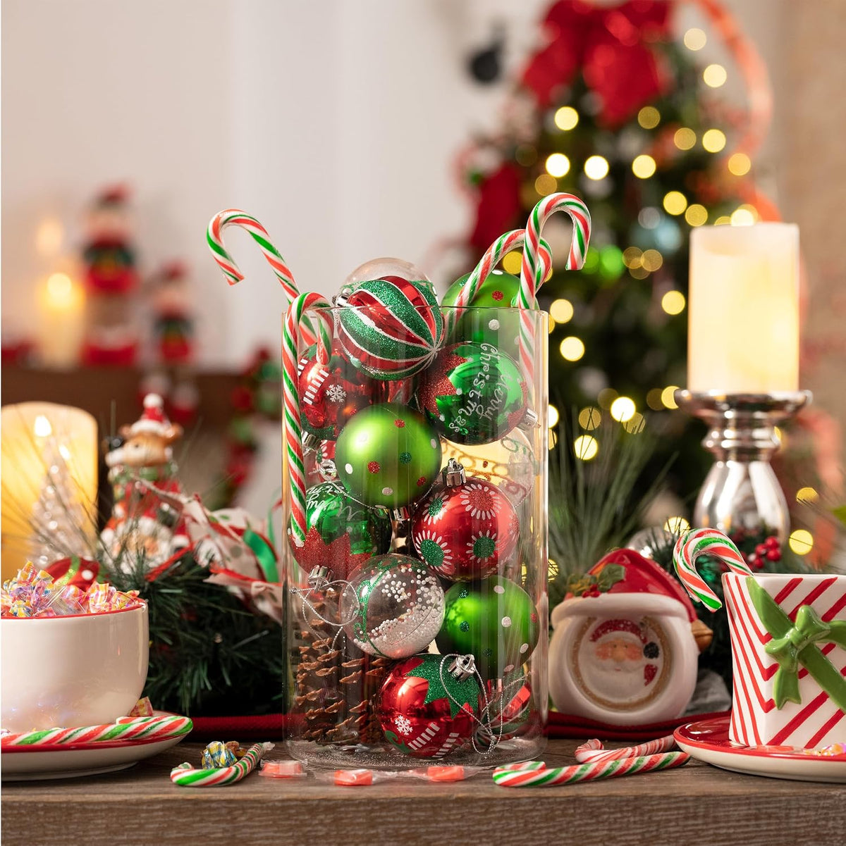 Valery Madelyn Christmas Tree Ornaments Set, 16ct Elf Red Green White Shatterproof Christmas Tree Decorations Bulk, 2.36 Inch Decorative Hanging Ball Ornaments for Xmas Trees Holiday Party Decor