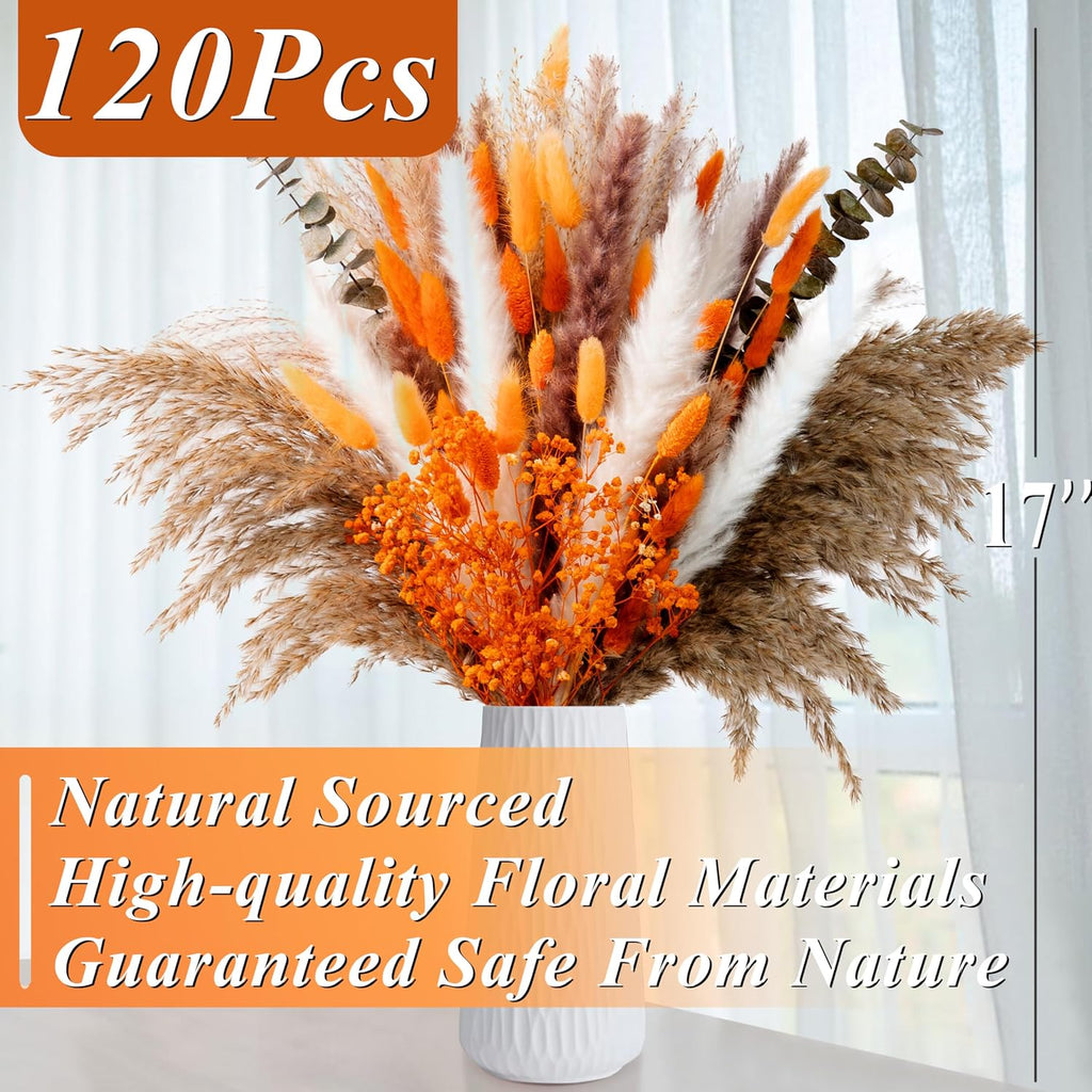 120Pcs 17" Orange Dried Pampas Grass Bouquet, Boho Floral Home Decor