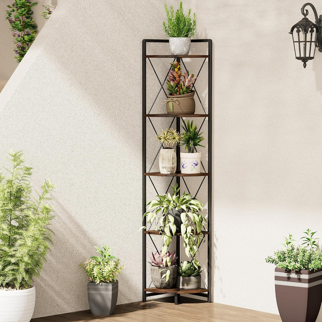 5 Tier Corner Shelf Stand, 64" H Tall Corner Bookshelf, Rustic Brown