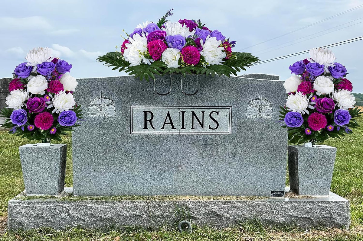 XONOR Artificial Headstone Flower Saddles for Graves, Cemetery Memorial Flowers for Outdoor Tombstone Decorations, Artificial Peony Rose Flowers Saddle (Purple&White, 1 Saddle 2 Bouquets)