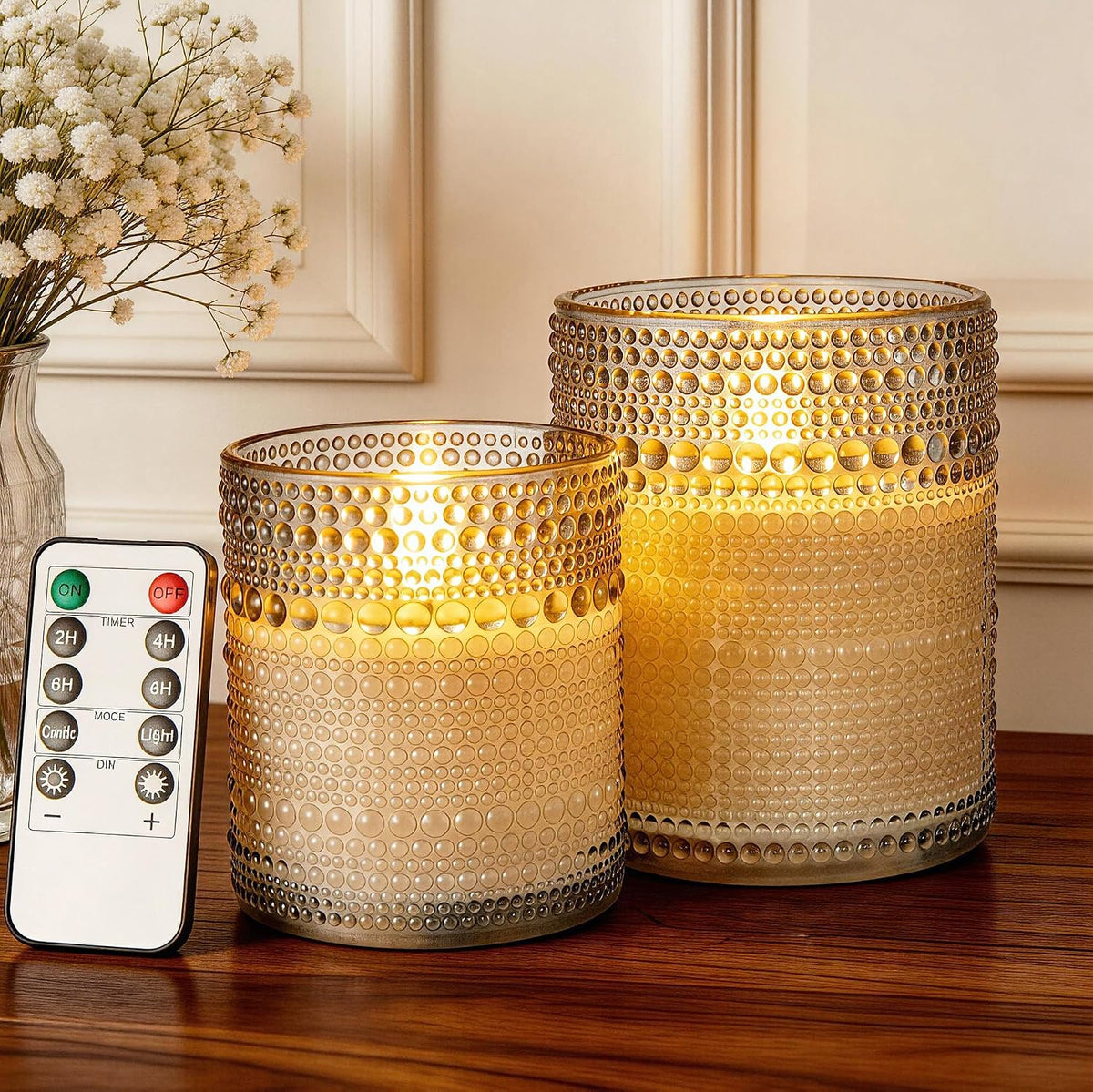 Gray Dotted Glass Real Wax Flameless Battery-Operated LED Pillar Candles