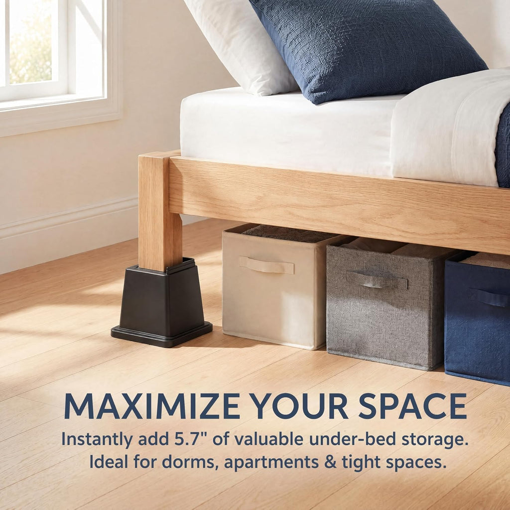Heavy Duty Furniture Risers - 1200 Lbs Capacity Square Bed Risers with 4.1 Inch Universal Cavity, 6 Inch 4-Pack Black, Sofa Lift and Desk Elevators for Under Bed Storage