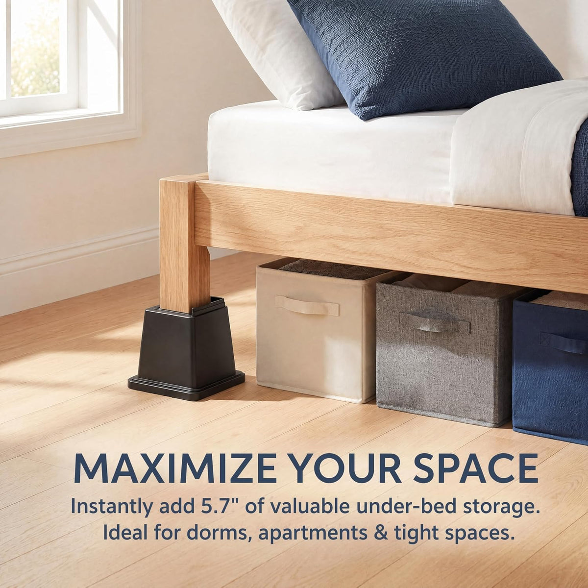 Heavy Duty Furniture Risers - 1200 Lbs Capacity Square Bed Risers with 4.1 Inch Universal Cavity, 6 Inch 4-Pack Black, Sofa Lift and Desk Elevators for Under Bed Storage