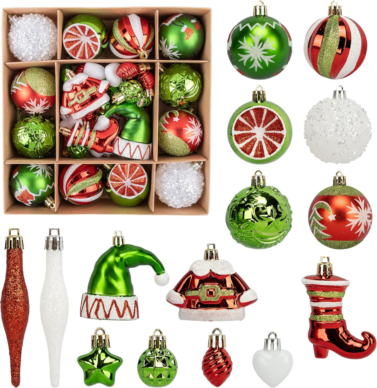 46PCS Christmas Ornament Set, Red, Green & White Tree Decorations