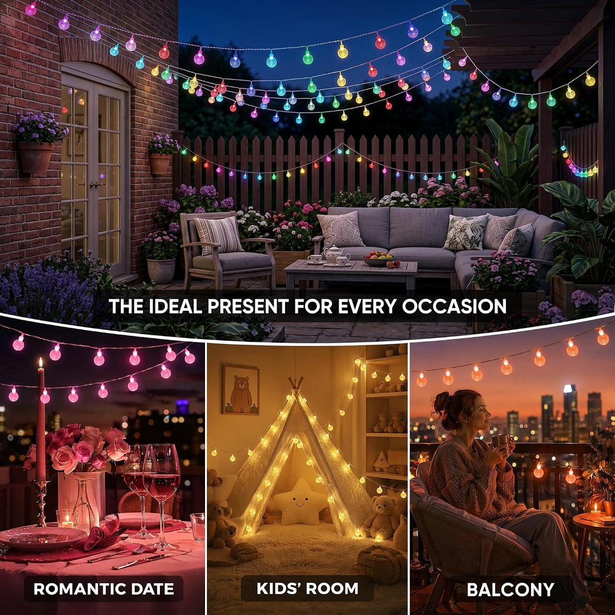 OMIKA Globe Outdoor String Lights Plug in, Connectable 66ft 120LED Crystal Ball Light Waterproof Remote, Warm White & Multicolor Twinkle Lights for Patio Umbrella Tent Garden Party Christmas Décor
