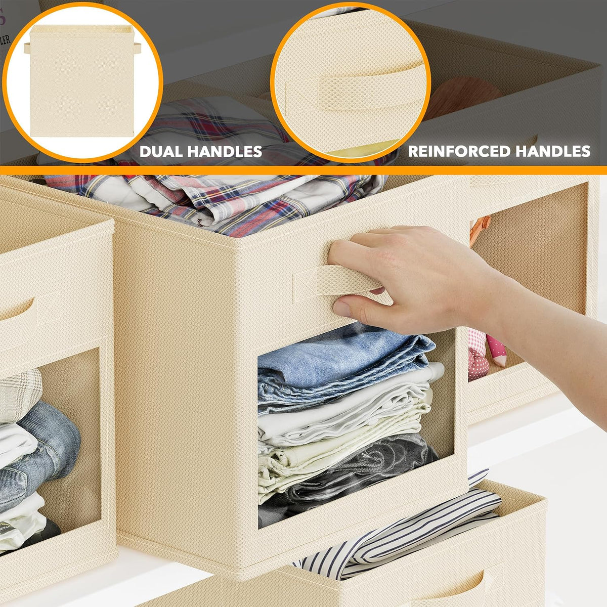 SpaceAid Storage Cubes with Clear Windows, Set of 6 Fabric Bins, 11 Inch Foldable Baskets Boxes for Closet, Cubby Shelf or Cube Storage Organizer, Beige