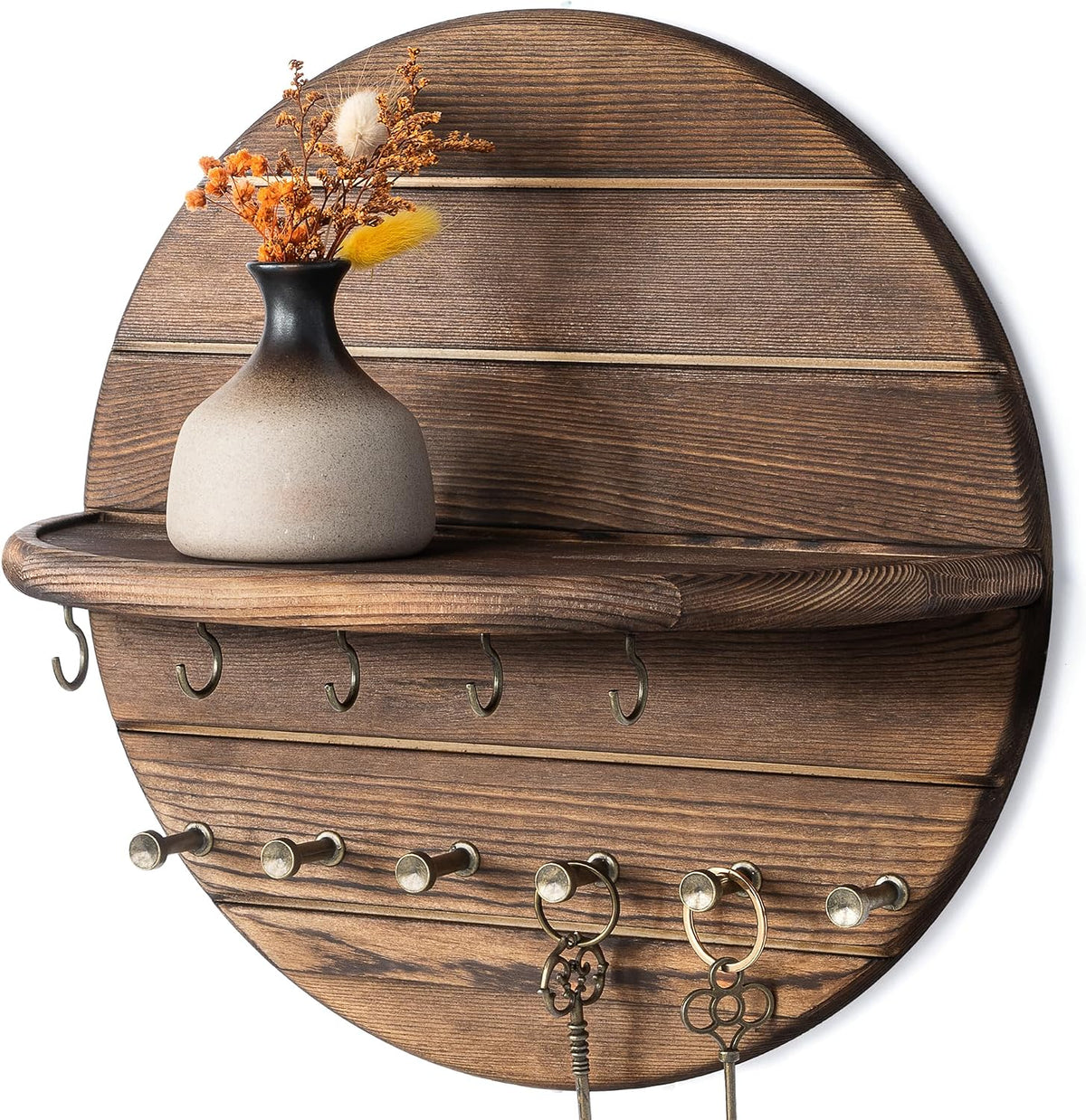 Rebee Vision Pine Wood Round Key Holder Wall Mount for Home Decor, Brown