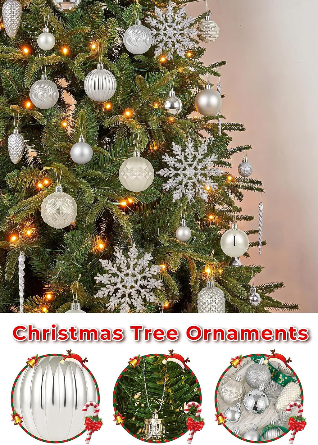 Brightown 100Pcs Christmas Tree Decorations Ornaments Set, Champagne Silver