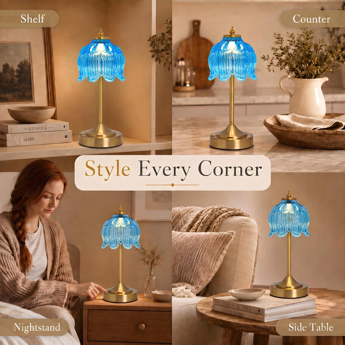 Lotus Flower Table Lamp, Cordless Rechargeable Amber Glass Bedside Lamp | 3600mAh Battery, Touch Control, 3 Color Modes & Stepless Dimming for Bedroom, Nightstand Lake Blue 2PC