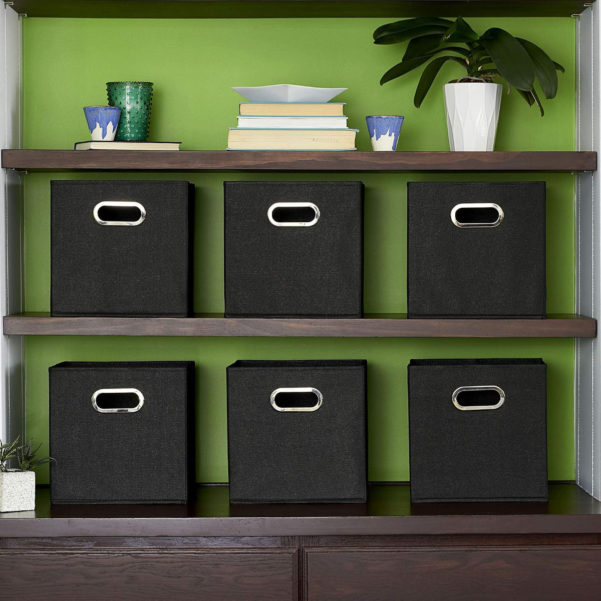 Household Essentials Foldable Fabric Storage Bins 6 Piece Set, Strong Poly-Woven Fabric, Sturdy Chipboard Sides, Grommet Front Handle, Stackable, Classic Design, Black