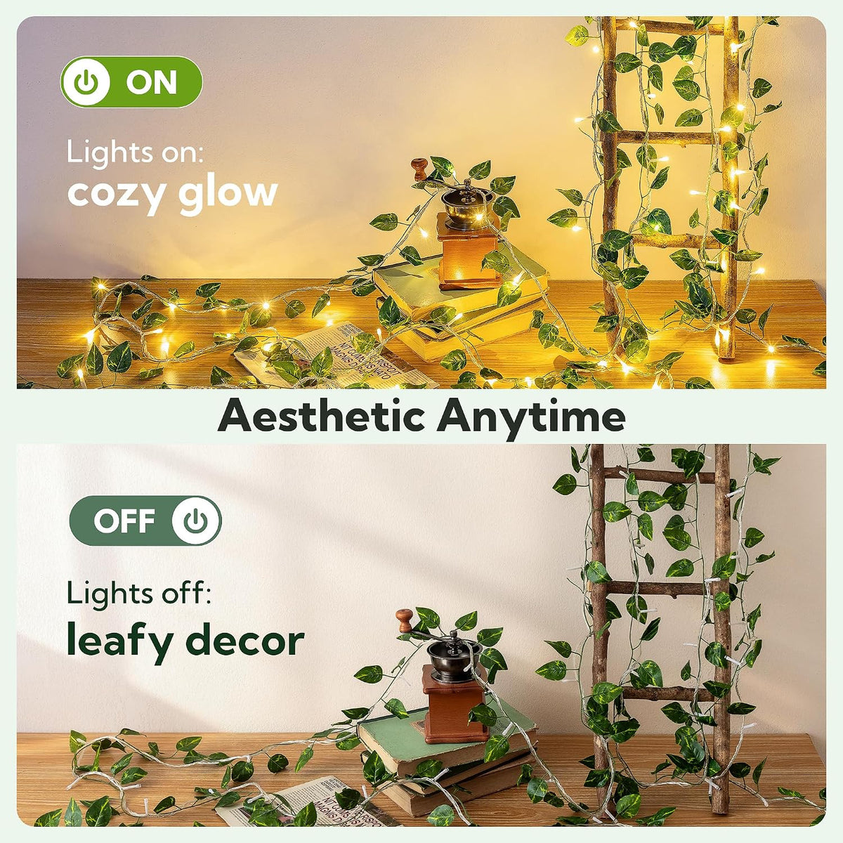 HEYFUNi Vines with Lights 23FT, Faux Pothos String Lights Plug in
