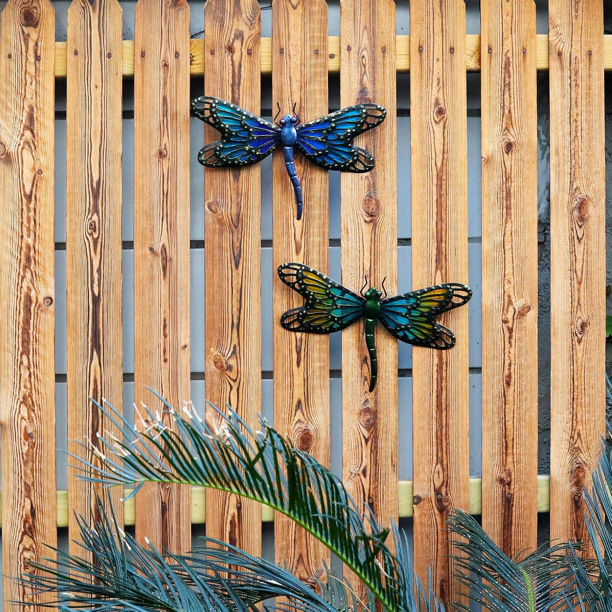 HONGLAND 2Pcs Metal Dragonfly Wall Decor Outdoor Dragonfly Wall Art Glass Sculpture for Home Garden Fence-Blue&Green