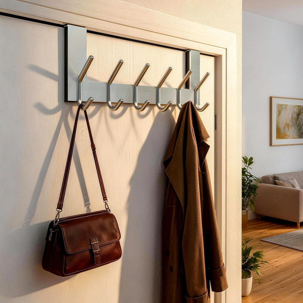 WEBI Over The Door Hook Door Hanger:Over The Door Towel Rack with 6 Hooks for Hanging Coats,Towel Hanger Door Coat Hanger Over Door Coat Rack for Towels,Clothes,Back of Bathroom,Silver