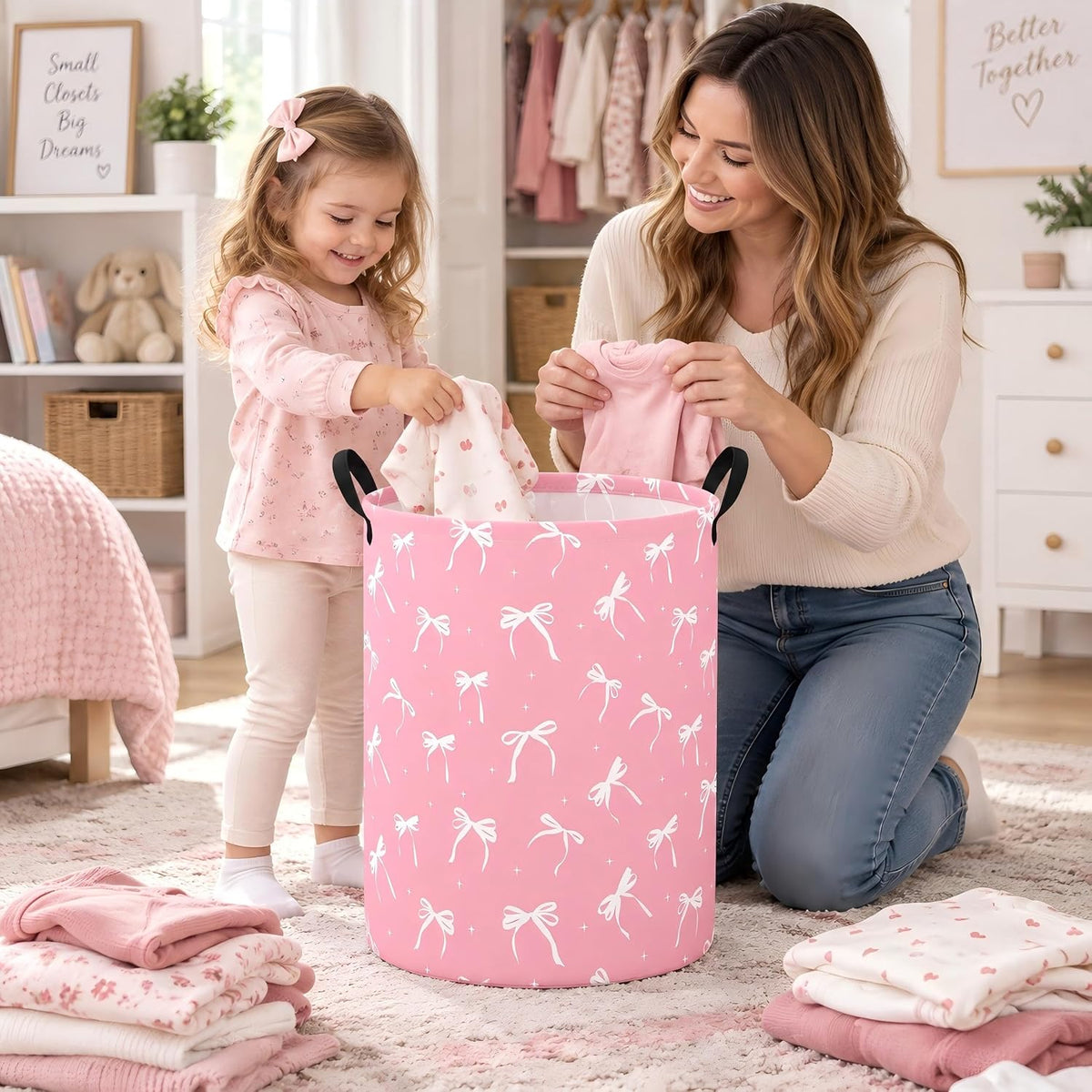 Pink Bow Cute Laundry Basket, Round Laundry Hamper with Handles, Foldable Cotton Linen Storage Bin for Girls Bedroom, Dorm Room, Nursery, Closet, Clothes and Toys