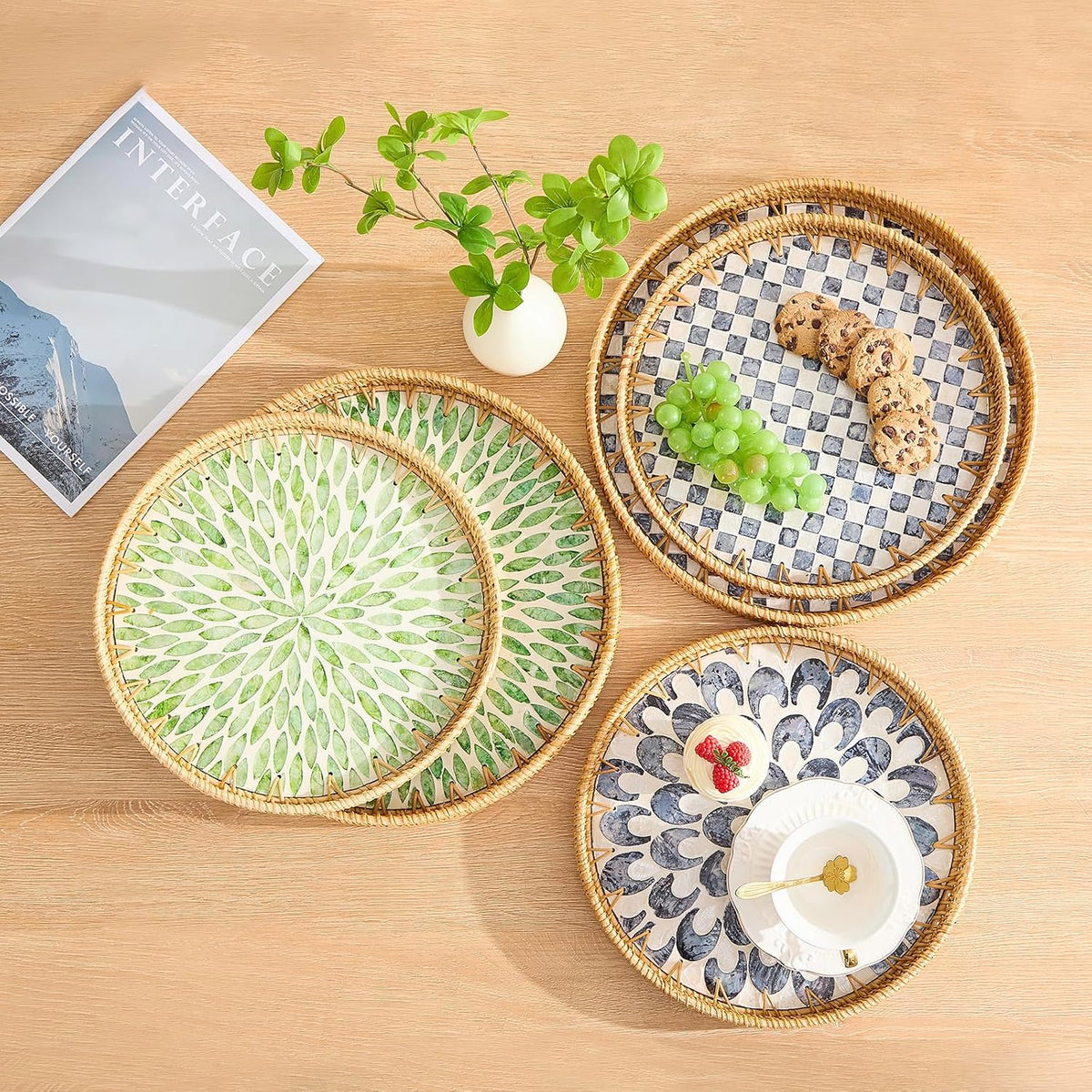 Round Rattan Tray with Mother of Pearl Inlay, Rattan Serving Tray with Wooden Base, Decorative Wicker Basket for Table Decor, Storage and Display of Coffee Bread Food Fruit (Leaf 13.5")