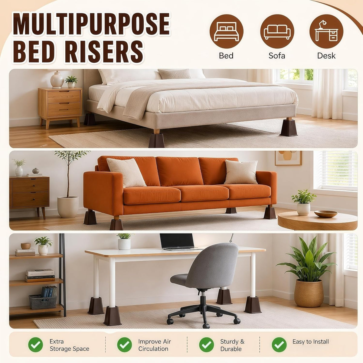 6 inch Large Bed Furniture Risers, 6 Pack Heavy Duty Couch Lifter for Sofa, Chair, Cabinet, Desk, Durable ABS Plastic Bed Stilts, Supports up to 2200 lbs, Brown