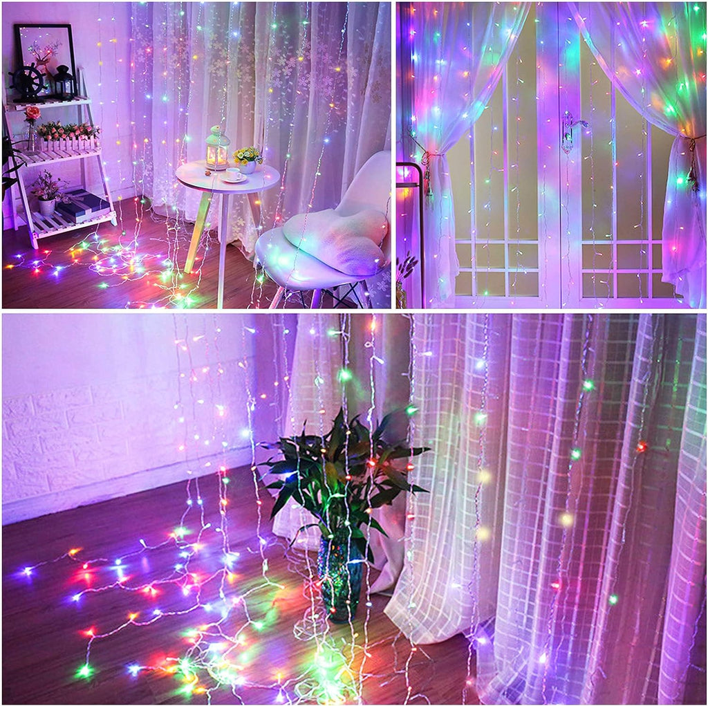 Honche 300Led Cuttable Curtain String Lights 10x10ft with Remote Window Lights for Bedroom Wedding Party Festive Season Propose Marriage (Colorful)