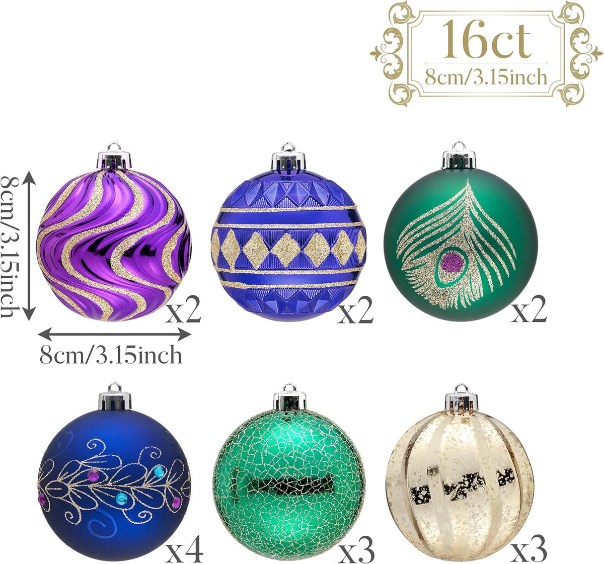 Valery Madelyn 16ct Christmas Ball Ornaments Tree Decorations Set 3.15 Inch
