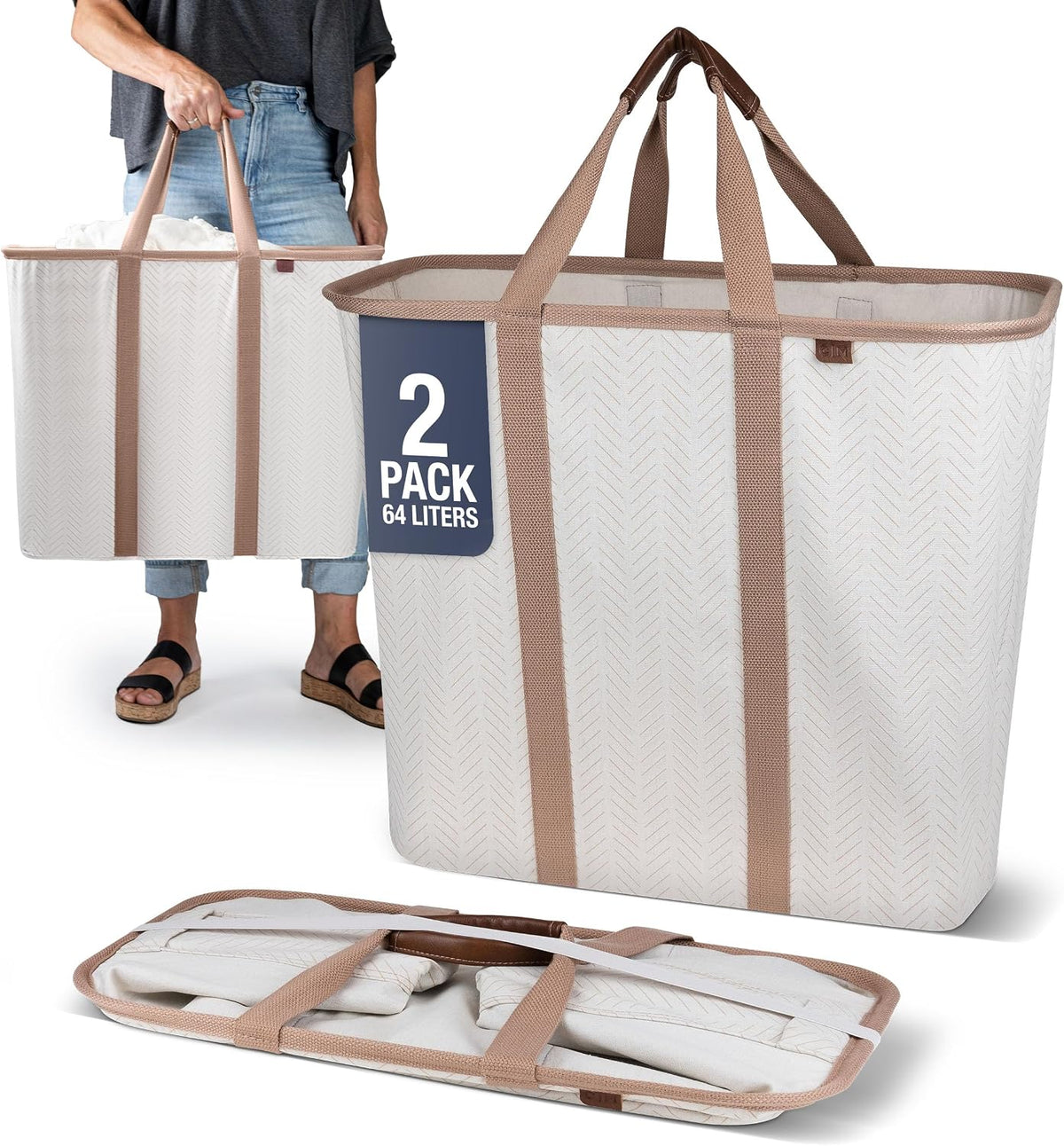CleverMade Collapsible Laundry Baskets, 64L LUXE Caddy 2 Pack, Cream