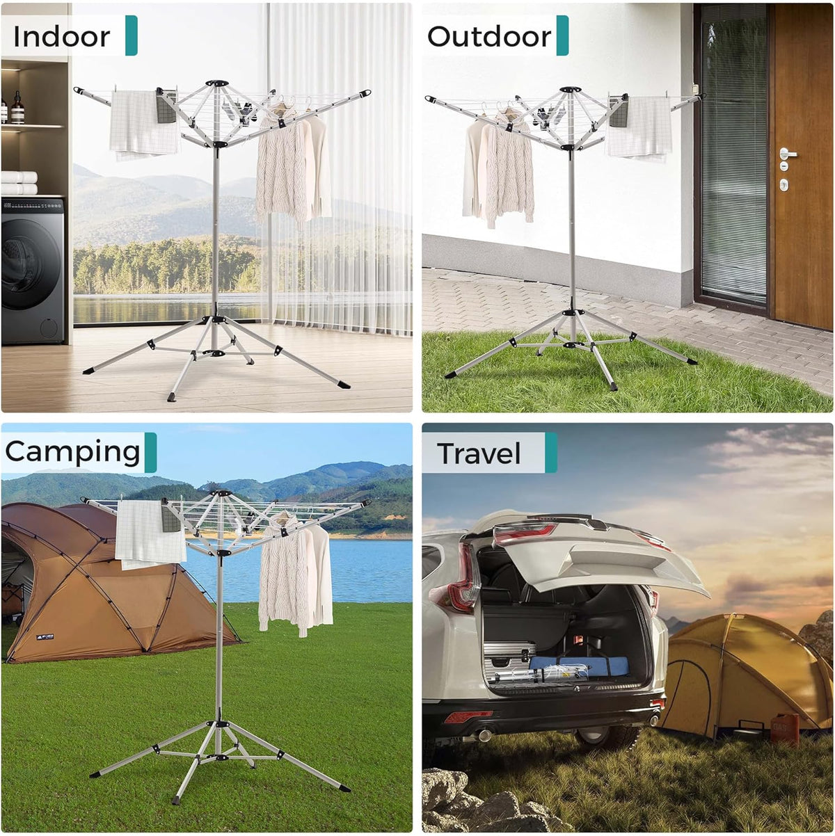 JS HANGER Indoor and Outdoor Portable Clothes Drying Rack with 4 Rotatable Arms for Hangers, 4 Legs, Collapsible Umbrella Laundry Air Dryer with 65 ft. of Hanging Space - Silver