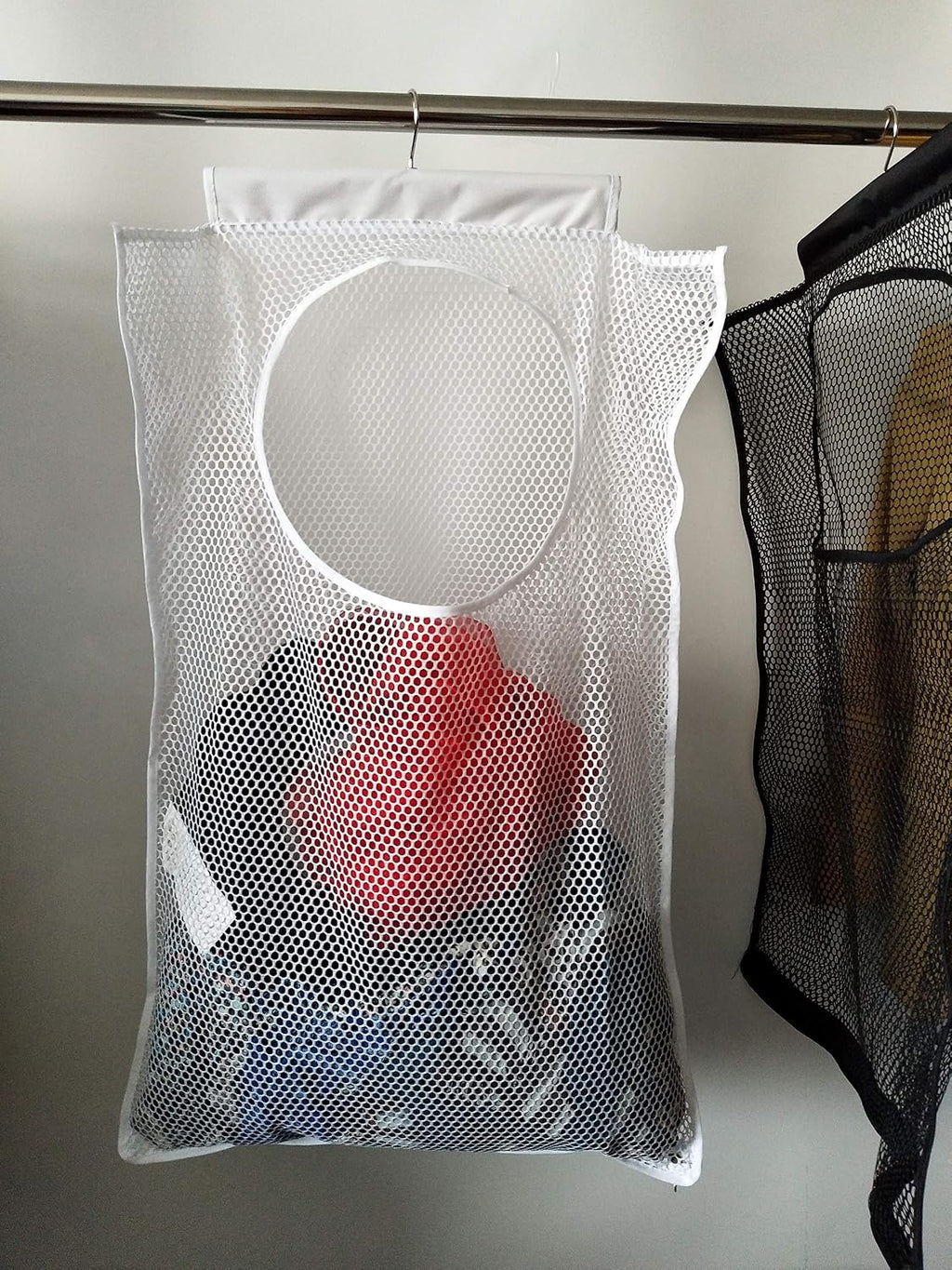 Door-Hanging Mesh Laundry Hamper Bag, Space Saving Corner Small Laundry Basket Dirty Clothes Hamper with Rotating Metal Hanger for Apartment, RV, Camper, Cabin, College Dorm Use (White)