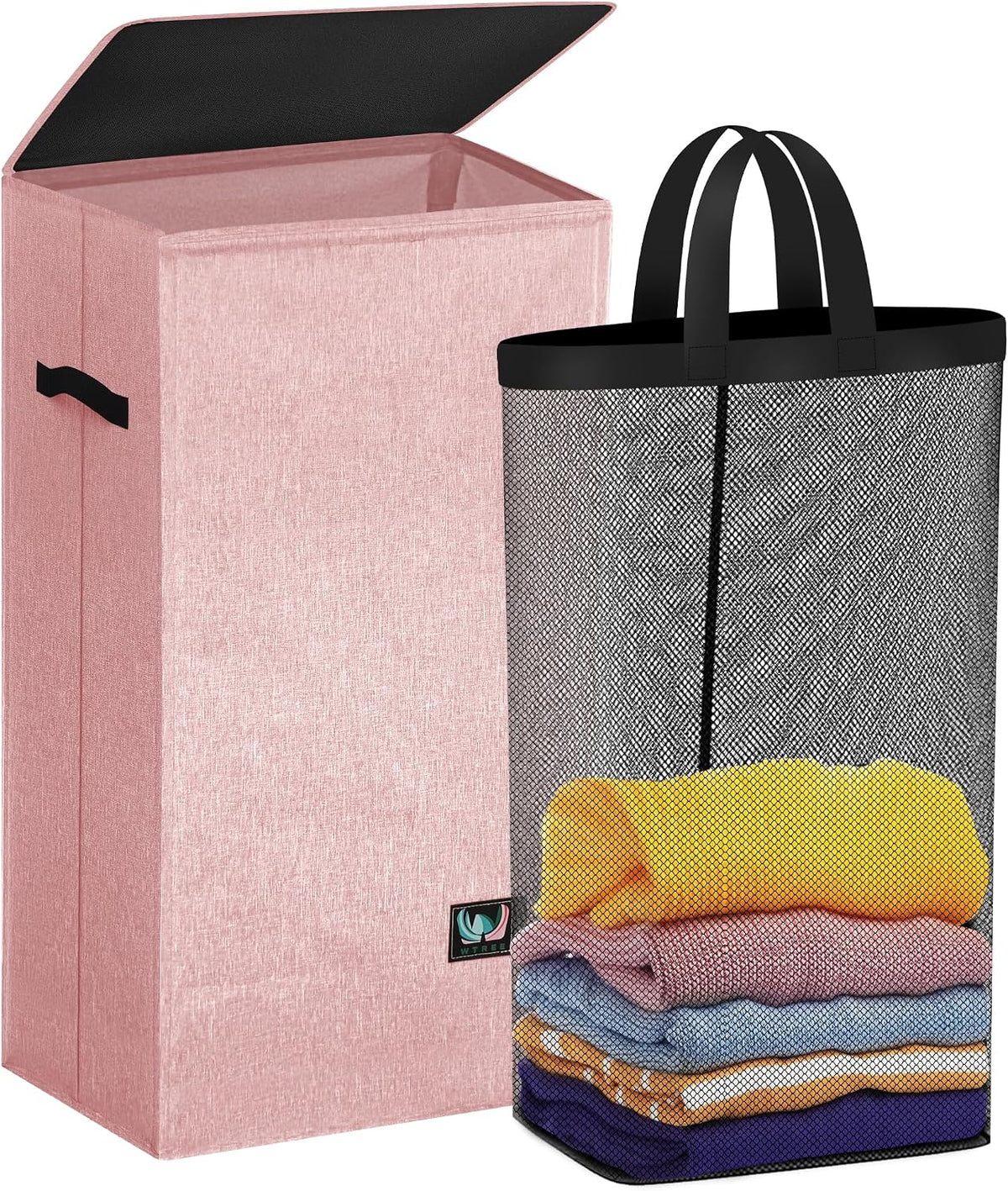 WTREE Laundry Hamper with Lid, Reinforced Sturdy Clothes Hamper with Anti-Puncture Base, Large Collapsible Laundry Basket with Removable Liner Bag, Tall Dirty Clothes Bin for Family, 100L Pink