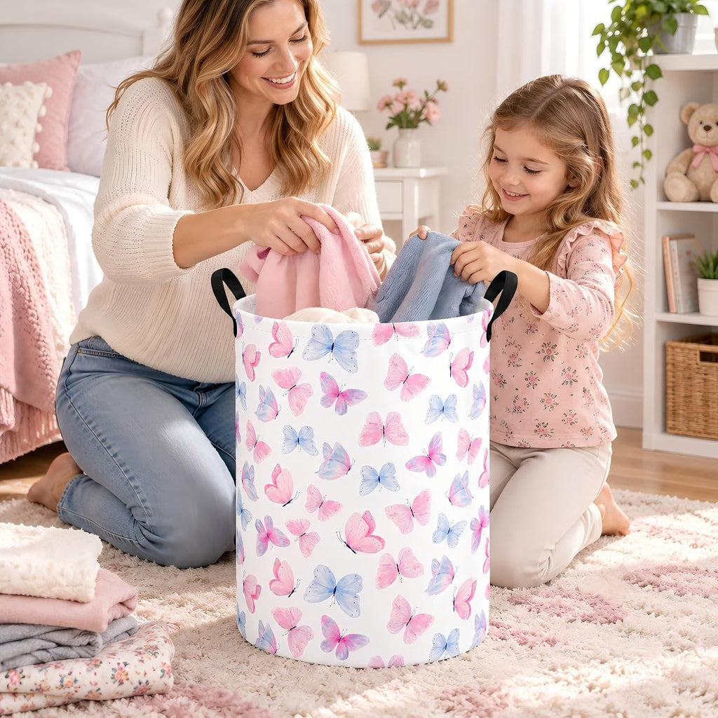 Butterfly Storage Basket for Girls and Kids, Round Collapsible Laundry Hamper with Handles, Pink Blue Butterfly Organizer Bin for Clothes, Toys Room, Nursery, Bedroom Dorm and Gifts