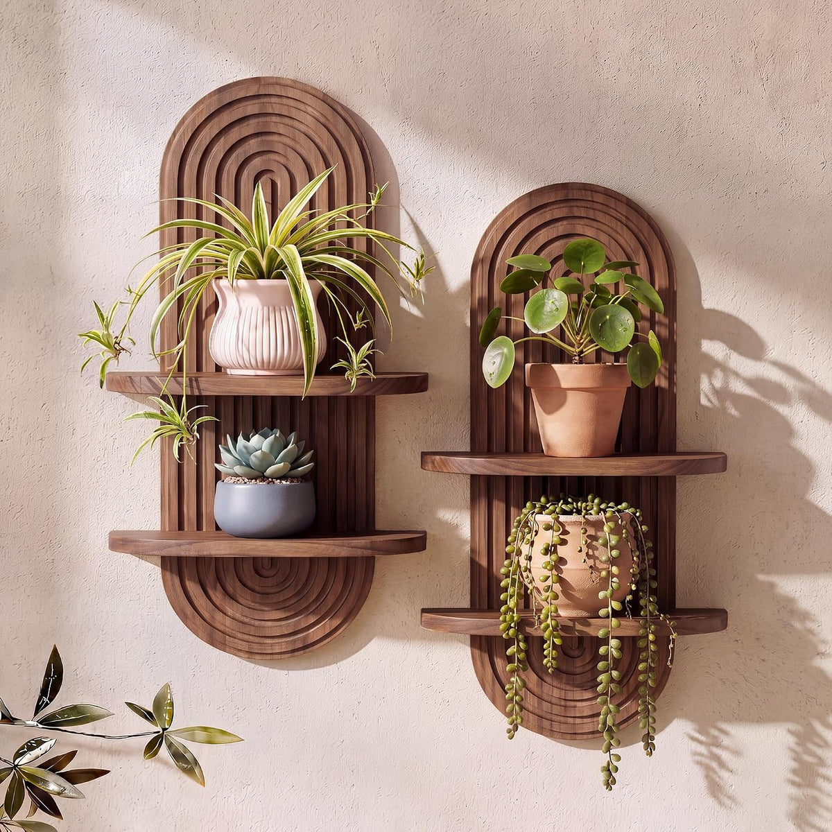Heiple Set of 2 Boho Arched Floating Shelves, Brown, 16.6"x8.8"