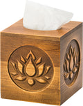 Ukwell Wood Carved Tissue Box Cover Square Distressed Brown Tissue Holder with Embossed Lotus Pattern, Rustic Vintage Home Decor for Bathrooom Bedroom Living Room