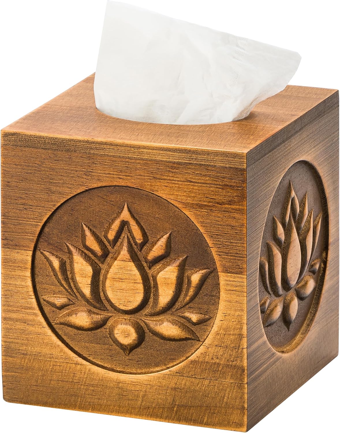 Ukwell Wood Carved Tissue Box Cover Square Distressed Brown Tissue Holder with Embossed Lotus Pattern, Rustic Vintage Home Decor for Bathrooom Bedroom Living Room