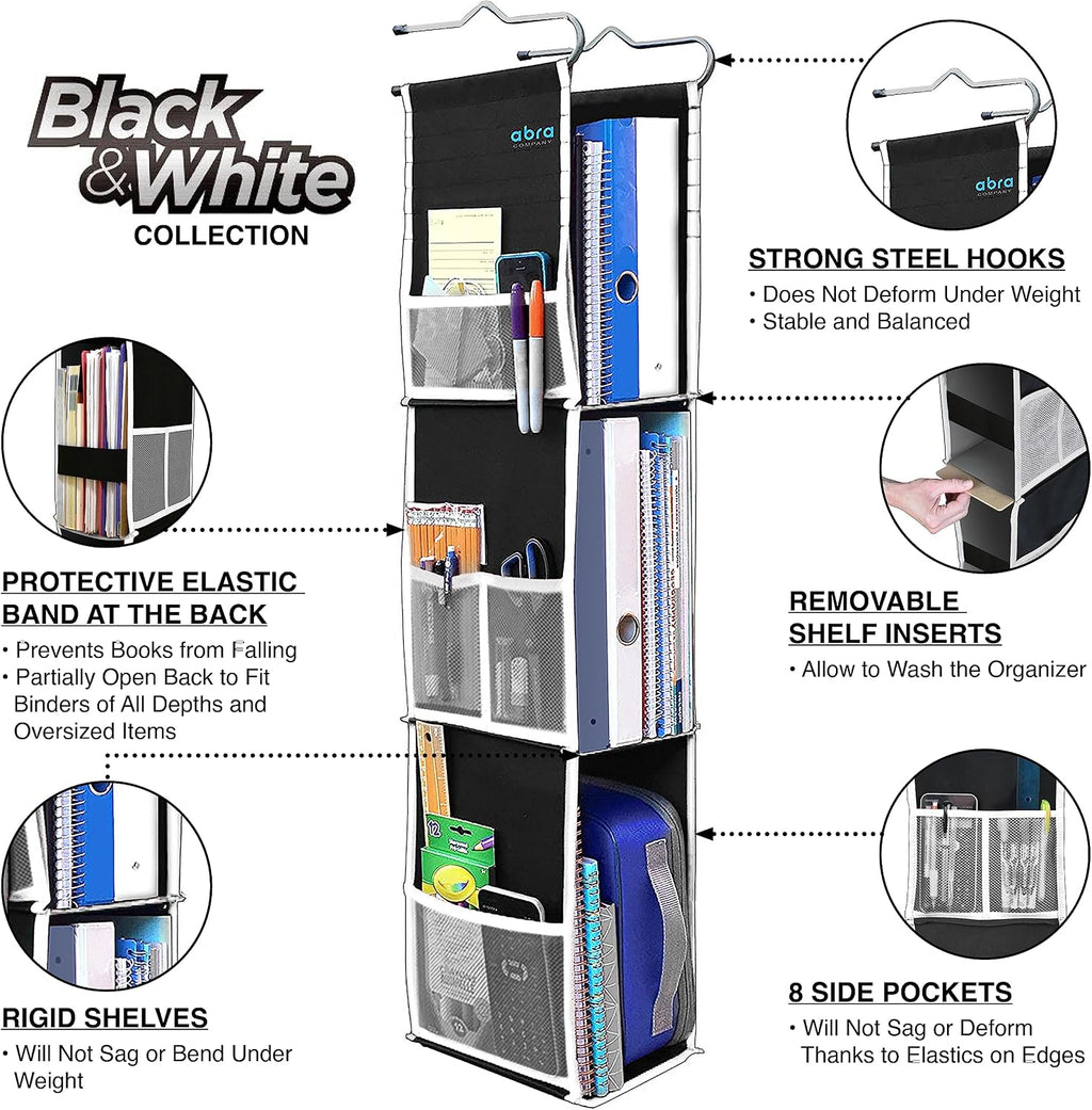 ABRA® 3 Shelf Hanging Locker Organizer for School, Work, Gym | Deep Shelves 6.5”x 9”| Eco-Friendly Fabric Healthy for Children | Adjustable School Locker Shelf from 3 to 2 Shelves (Black/White)