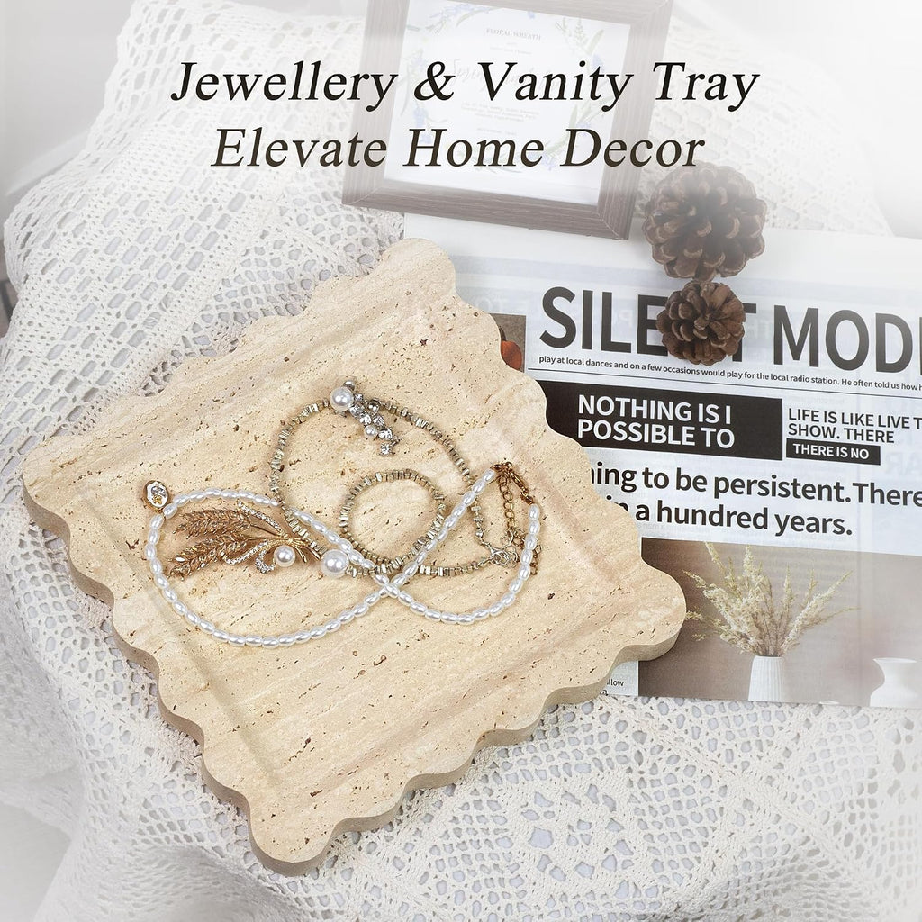 YMXYJM Travertine Marble Tray, Scalloped Stone Coffee Table Tray Decor - 8"