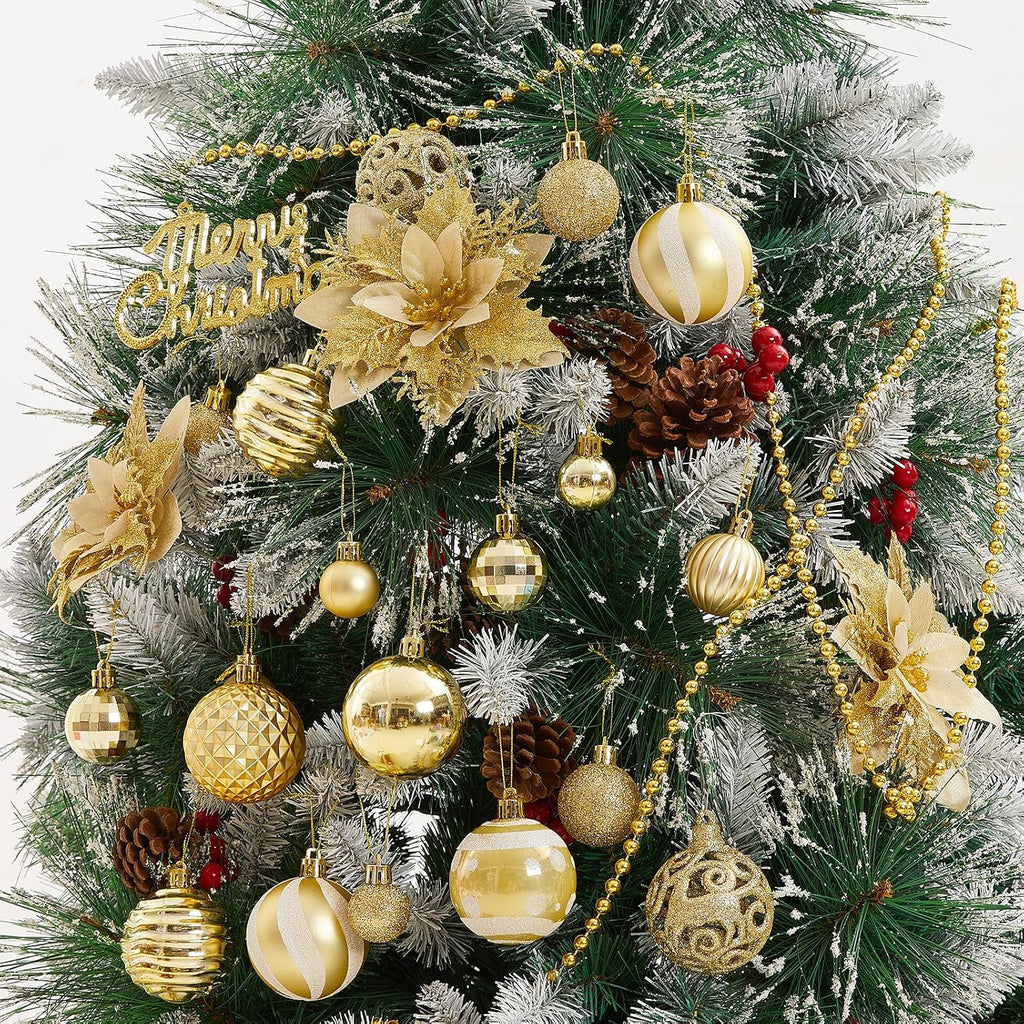 100PCS Christmas Ball Ornaments, Assorted Shatterproof Christmas Tree Decorations, Seasonal Decorative Hanging Baubles Decor Set for Xmas/Holiday/Party, Glitter&Painting Ornament Set (Gold)