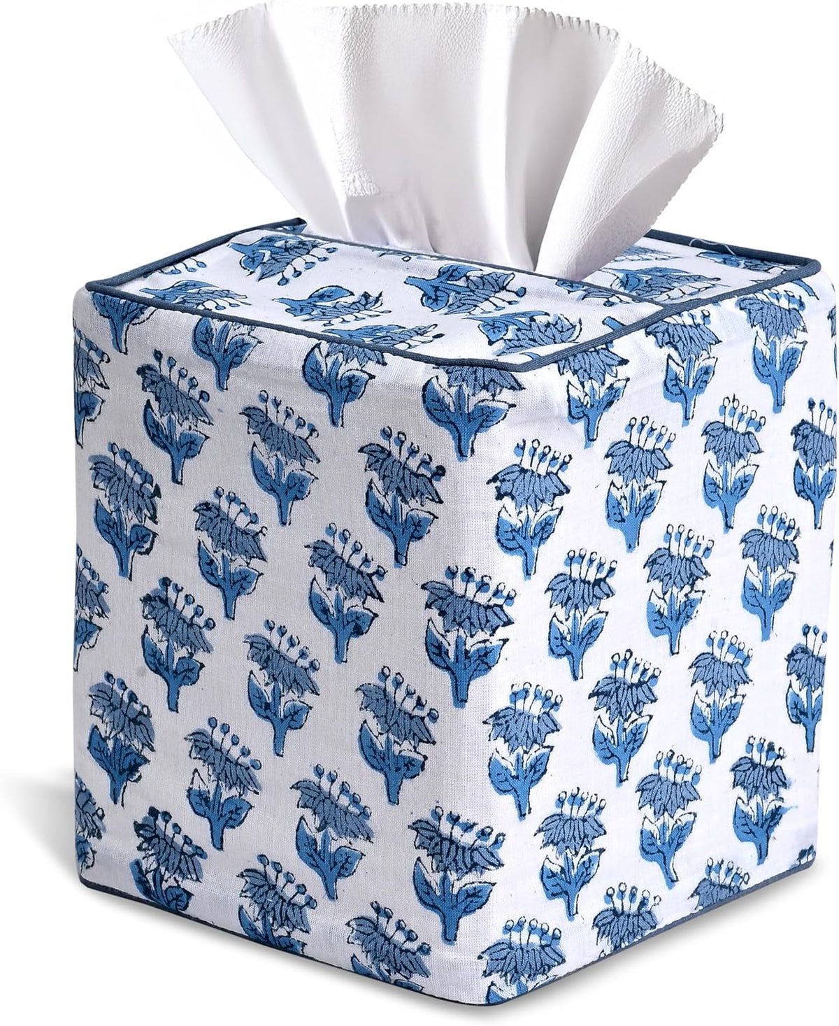 CPC 100% Cotton Piping Block Print Tissue Box Cover, Apatite Blue