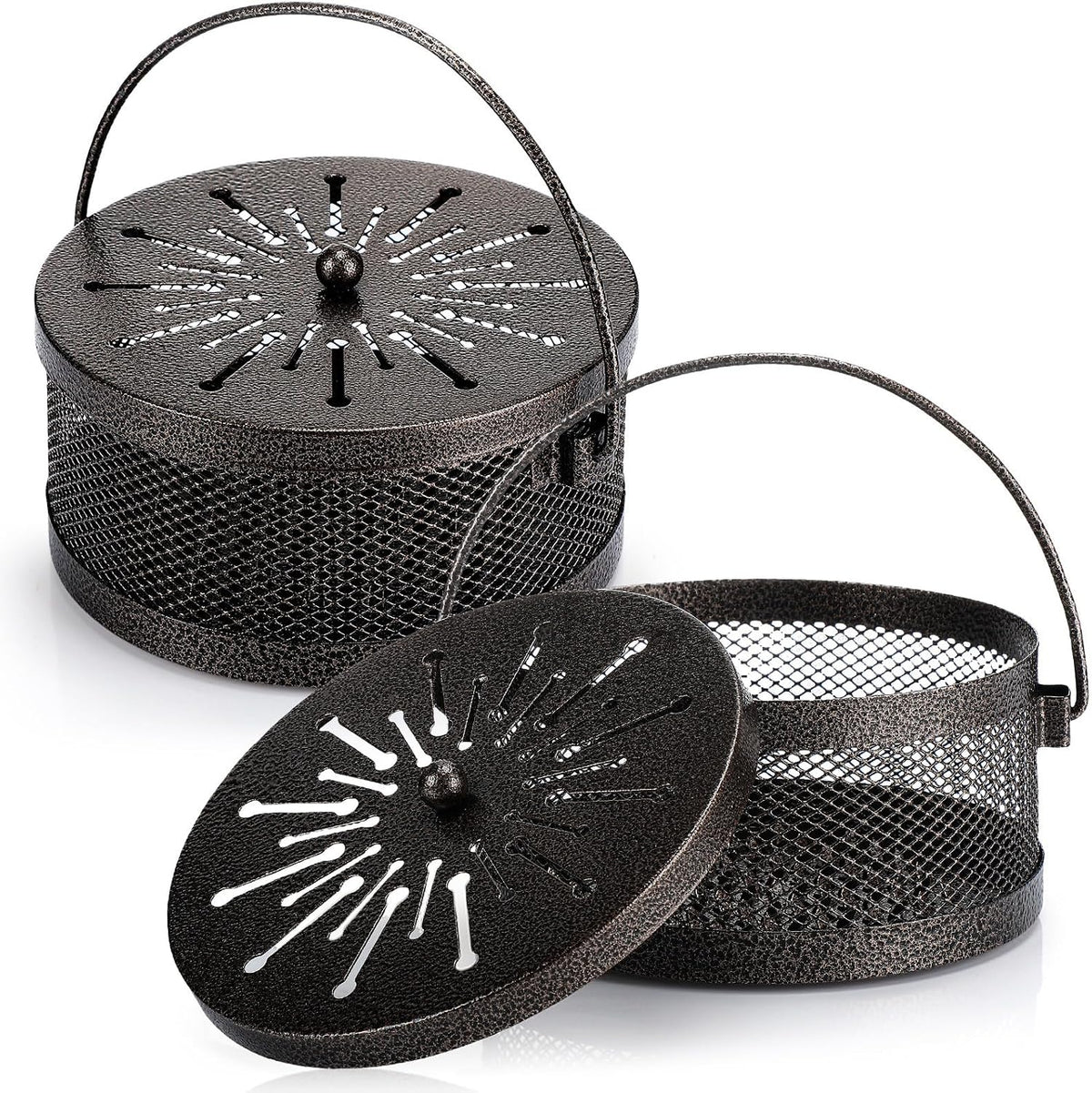 Lallisa 2 Pieces Mosquito Coil Holder Incense Coil Holder Round Retro Portable Metal Hanging Incense Burner Holders with Handle for Home Indoor Outdoor Camping Patio (Bronze)