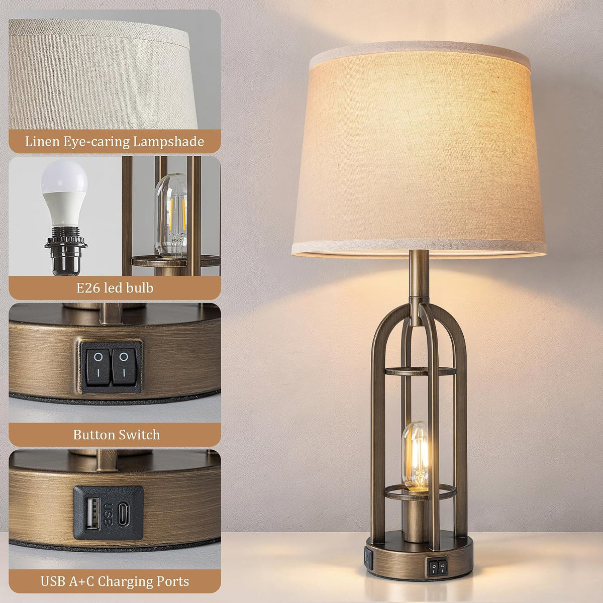 SRJJA 24" Farmhouse Table Lamps for Living Room Bedroom Set of 2, USB A+C